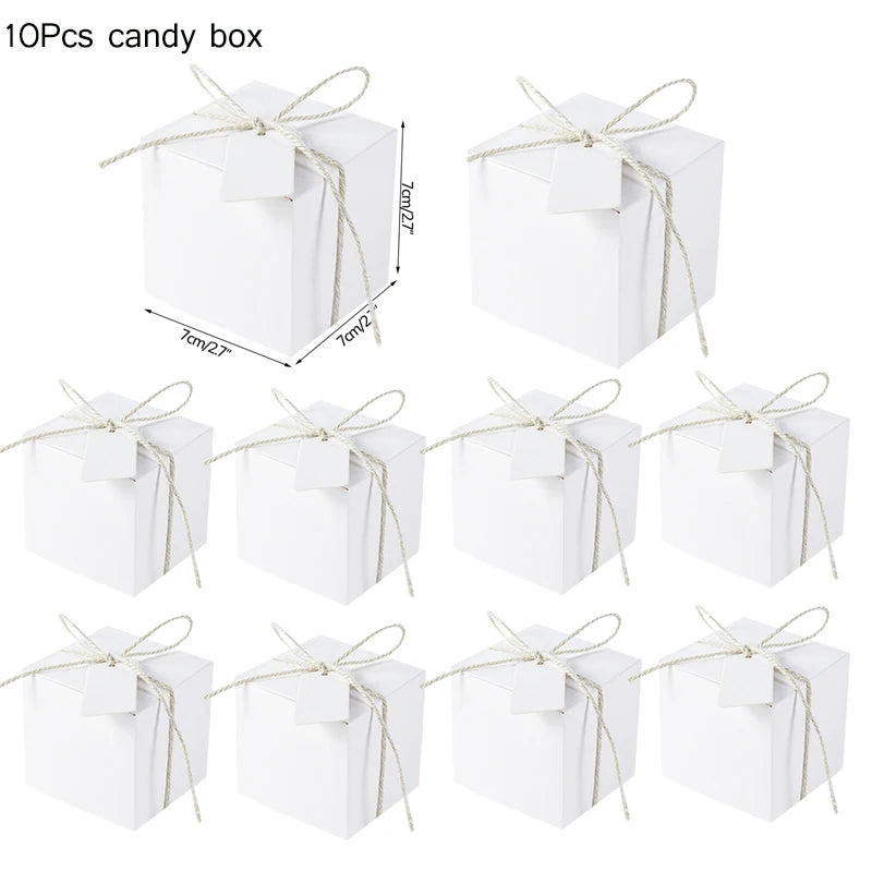 10Pcs Square Kraft Paper Candy Box With Rope Wedding Favor Lace Chocolate Box For Birthday Baby Shower Party Gift Pakcing Decor