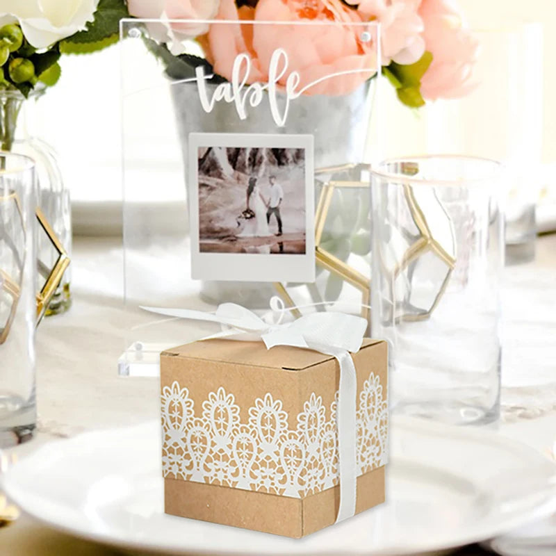 10Pcs Square Kraft Paper Candy Box With Rope Wedding Favor Lace Chocolate Box For Birthday Baby Shower Party Gift Pakcing Decor