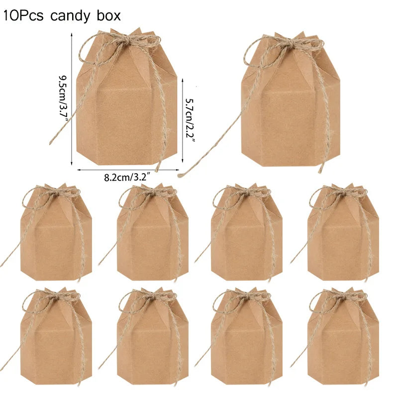10Pcs Square Kraft Paper Candy Box With Rope Wedding Favor Lace Chocolate Box For Birthday Baby Shower Party Gift Pakcing Decor