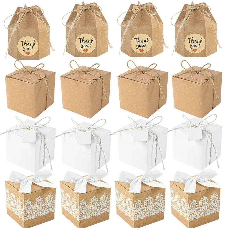 10Pcs Square Kraft Paper Candy Box With Rope Wedding Favor Lace Chocolate Box For Birthday Baby Shower Party Gift Pakcing Decor