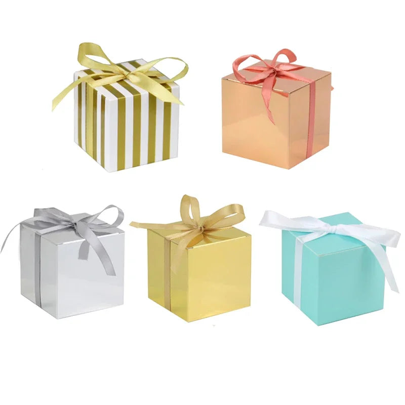 10Pcs Candy Boxes Gold Gift Boxes with Ribbons for Wedding Favor Baby Shower Decorations 1st Birthday Party Supplies