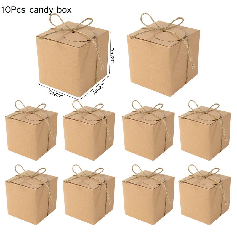10Pcs Square Kraft Paper Candy Box With Rope Wedding Favor Lace Chocolate Box For Birthday Baby Shower Party Gift Pakcing Decor