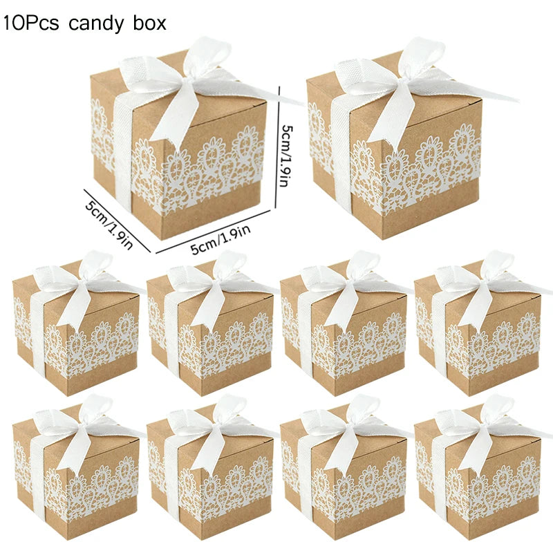 10Pcs Square Kraft Paper Candy Box With Rope Wedding Favor Lace Chocolate Box For Birthday Baby Shower Party Gift Pakcing Decor