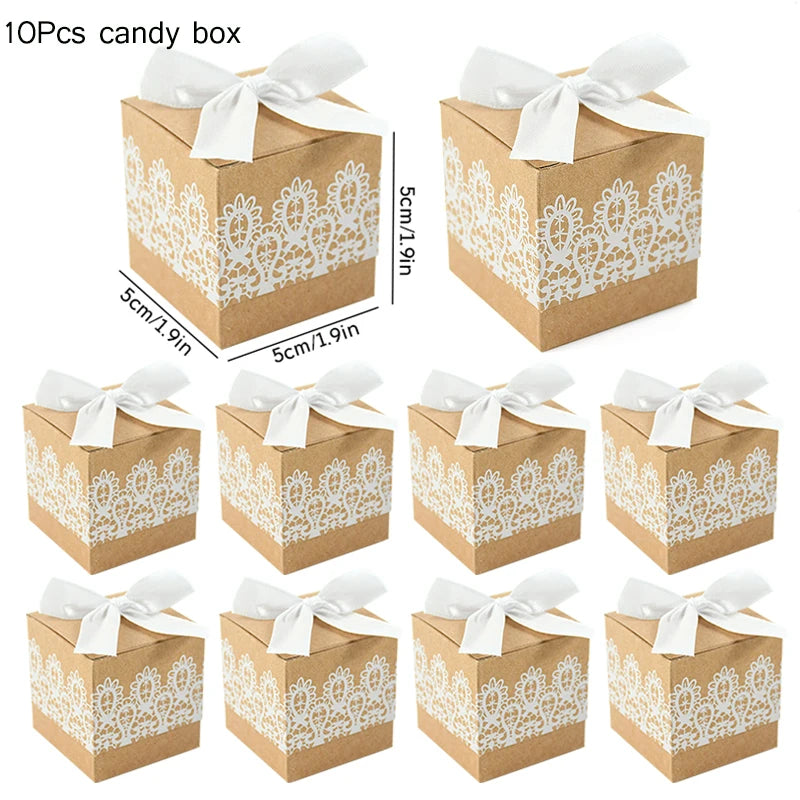 10Pcs Square Kraft Paper Candy Box With Rope Wedding Favor Lace Chocolate Box For Birthday Baby Shower Party Gift Pakcing Decor