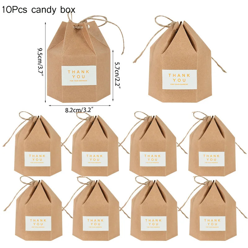 10Pcs Square Kraft Paper Candy Box With Rope Wedding Favor Lace Chocolate Box For Birthday Baby Shower Party Gift Pakcing Decor