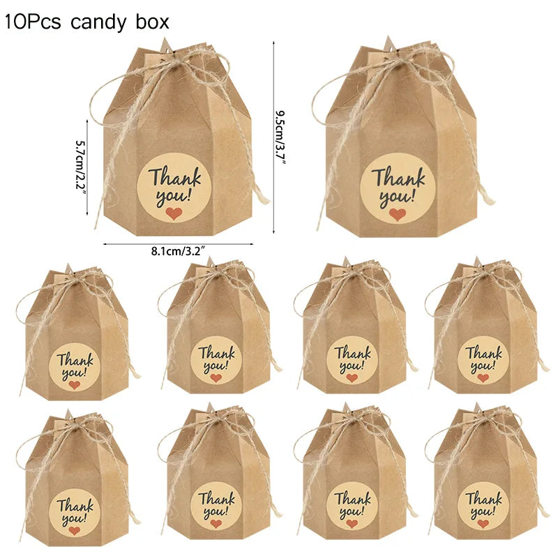 10Pcs Square Kraft Paper Candy Box With Rope Wedding Favor Lace Chocolate Box For Birthday Baby Shower Party Gift Pakcing Decor